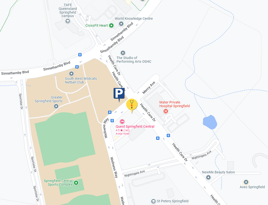 Map of parking lot across the road from the practice, on the corner of Wellness Way and Healthcare Drive